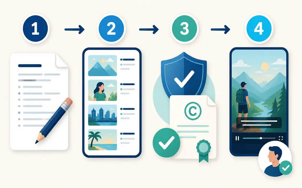 Four-step infographic showing script review, scene image matching, media rights checks, and final Short review