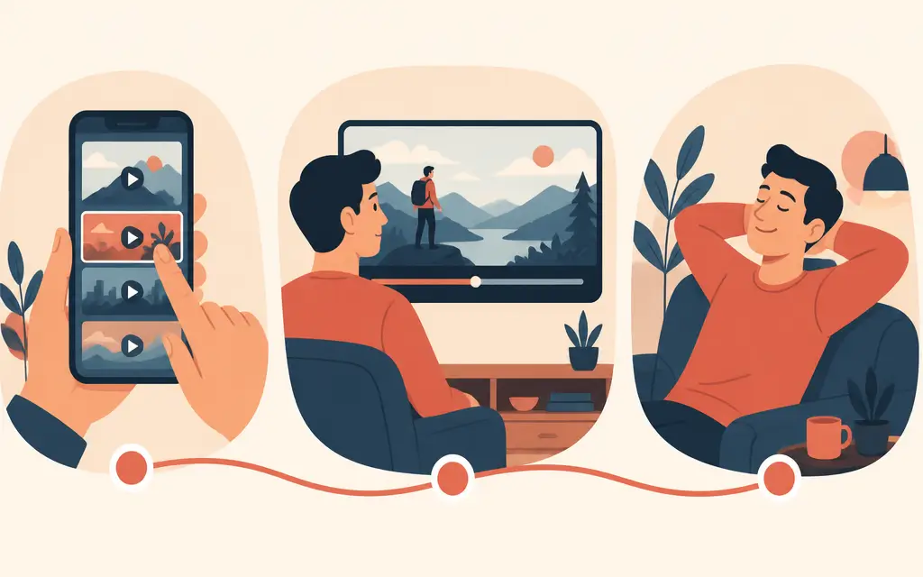 Infographic showing a viewer choosing a video, staying engaged, and feeling satisfied afterward
