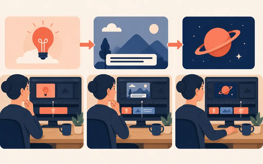 Three-step infographic for reviewing scene changes in an explainer video