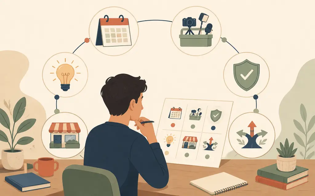 An infographic comparing six decision criteria for choosing a sustainable YouTube channel category