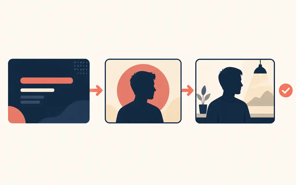 Three-step infographic aligning a video title, thumbnail, and opening scene