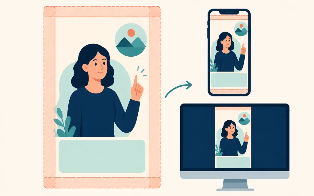 Infographic showing subtitles and a key image placed separately in a vertical frame and reviewed on phone and desktop