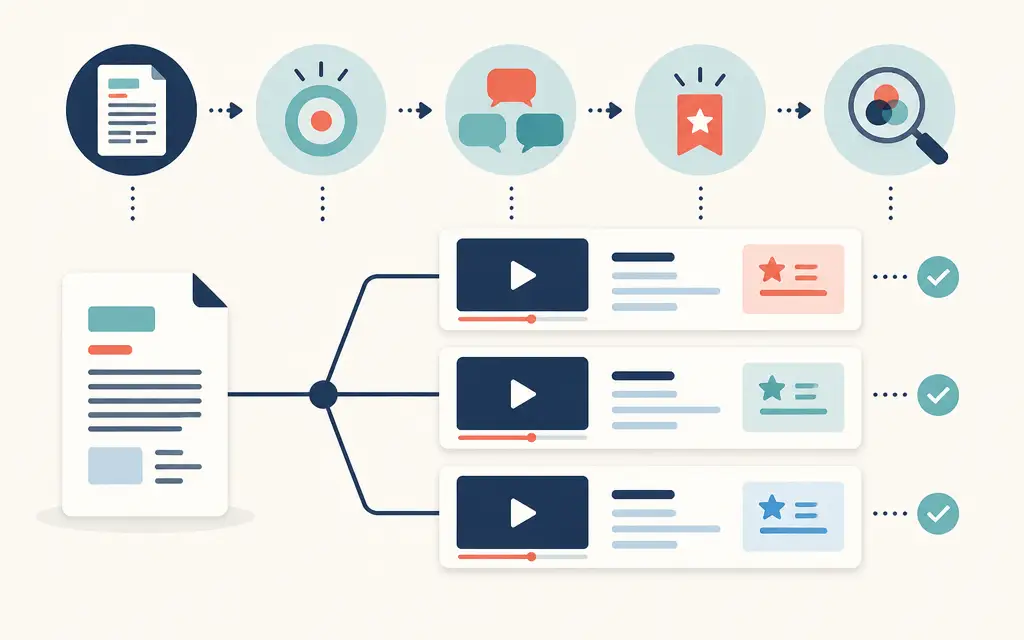 A source document branching into three video scripts, followed by overlap and rights review