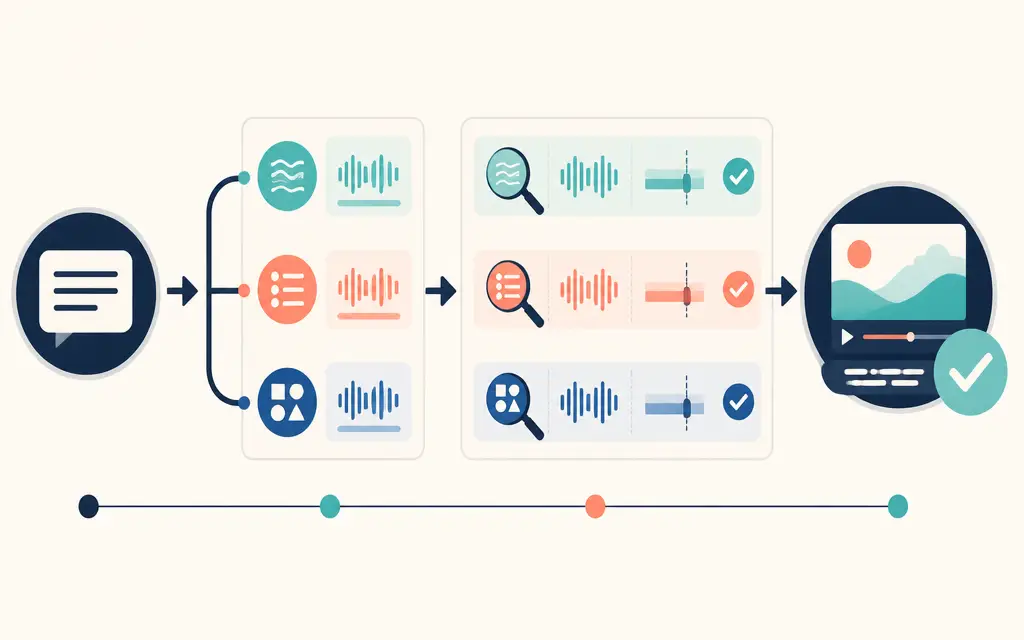 A multilingual video review flow comparing one message across scripts, voice, and subtitles before a final video check