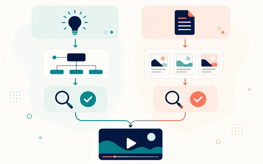 Infographic comparing a topic-to-outline review path with a finished-script-to-scene review path